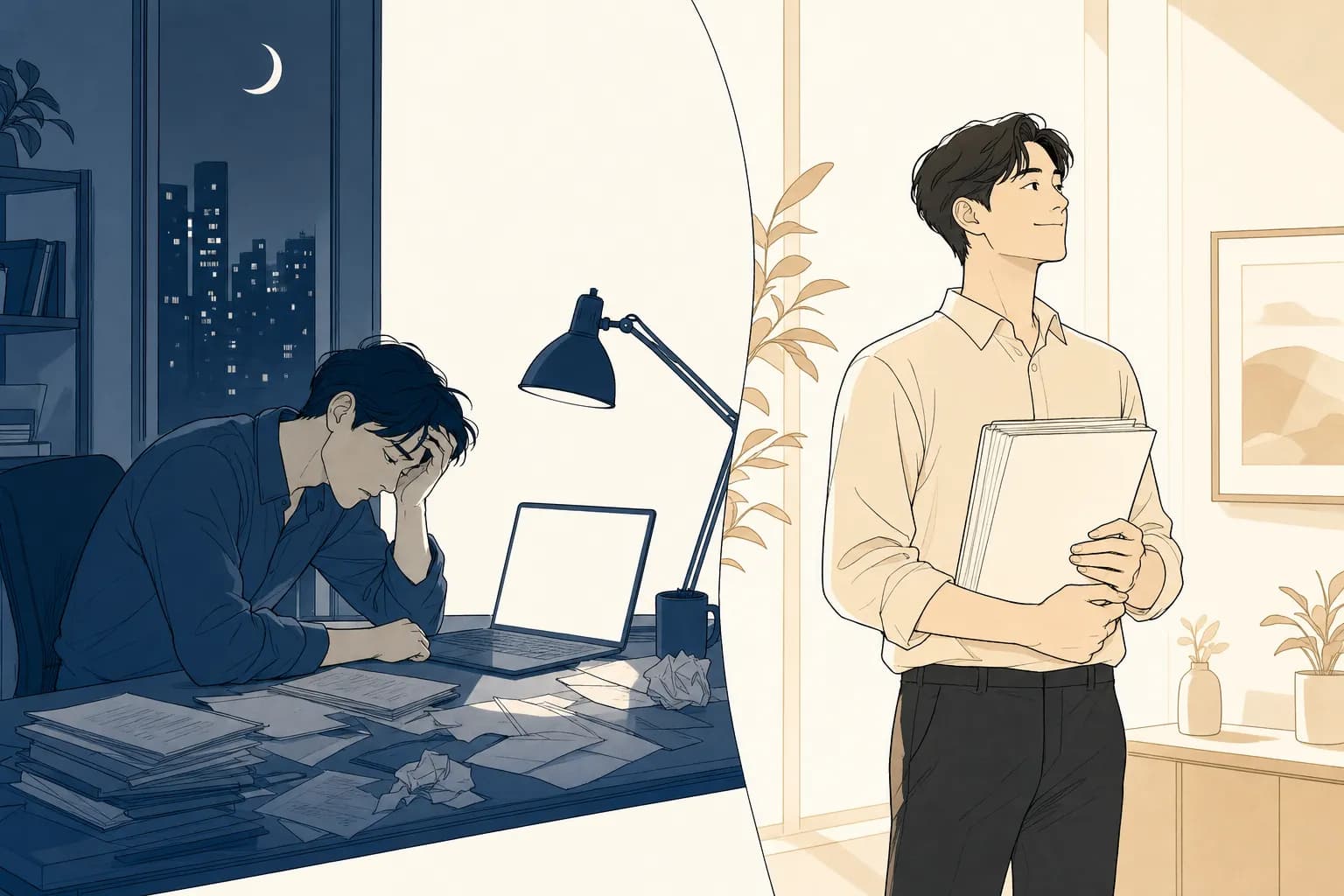 왼쪽은 밤늦게 빈 화면 앞에서 지쳐 있는 창업가, 오른쪽은 아침 햇살 속에서 완성된 두꺼운 초안을 들고 안도하는 같은 창업가를 대비시킨 일러스트