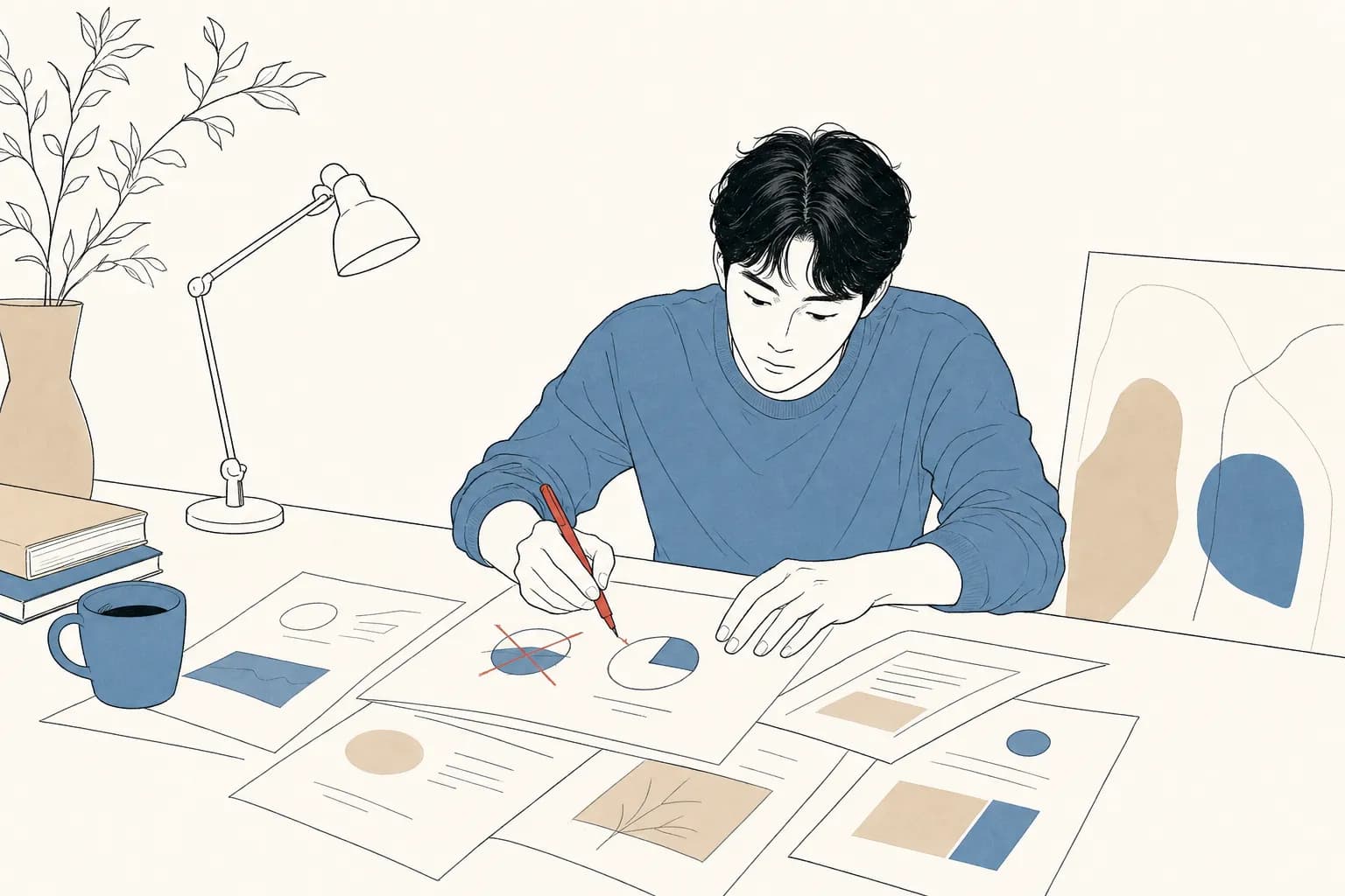 창업가가 책상에서 빨간 펜으로 인쇄된 초안의 수치를 지우고 자기 사업 데이터로 고쳐 쓰며 집중하는 일러스트