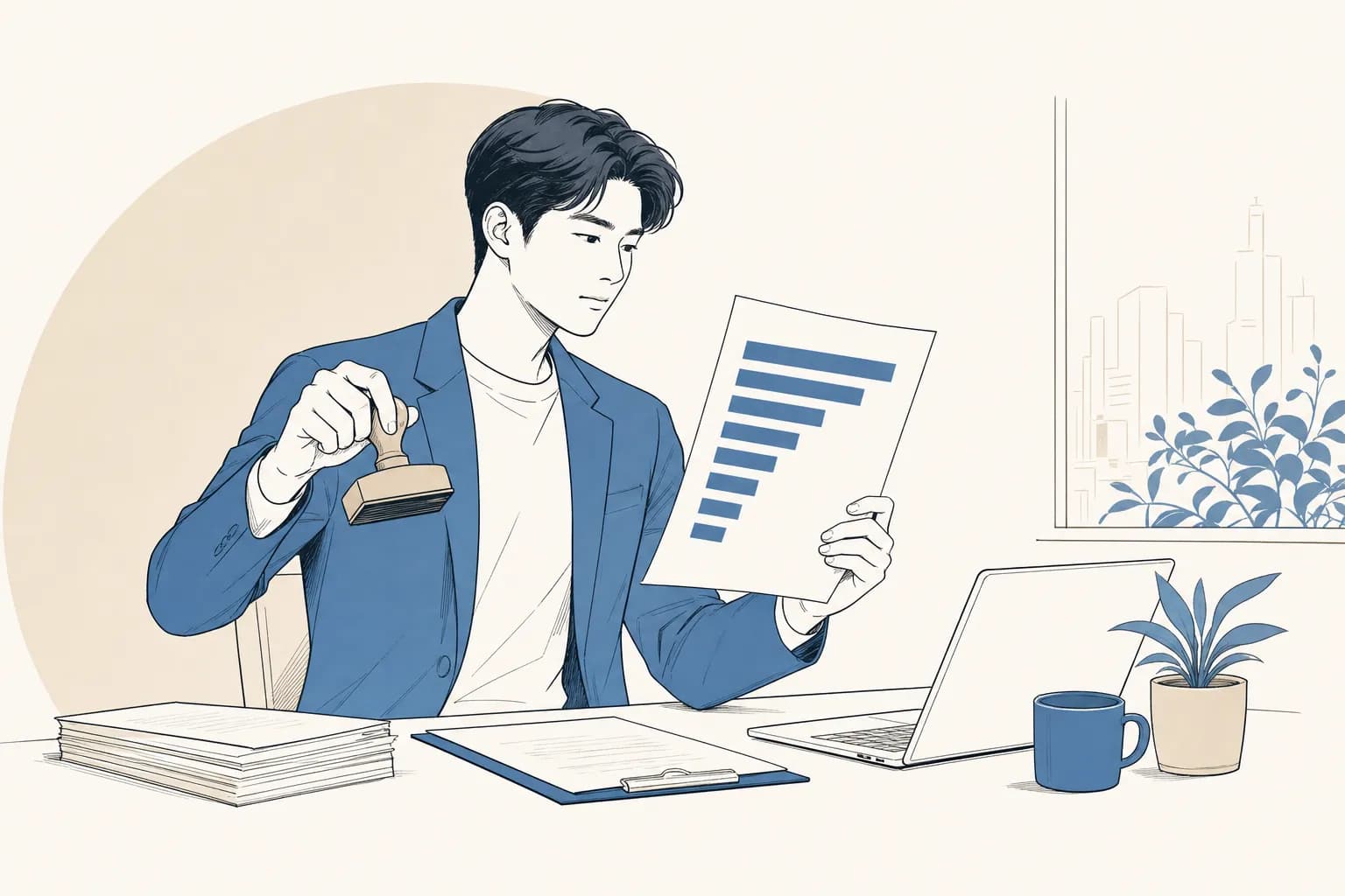 창업자가 한 손에는 막대 높이 순으로 정리된 우선순위 리포트를 들고, 다른 손으로는 승인 도장을 들어 최종 판단을 내리는 장면