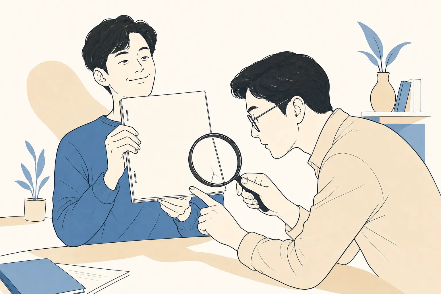 완성한 초안을 뿌듯하게 든 창업자 옆에서, 심사위원이 돋보기를 들이대고 창업자가 미처 못 본 종이 한 귀퉁이의 옅은 균열을 짚어 주는 장면