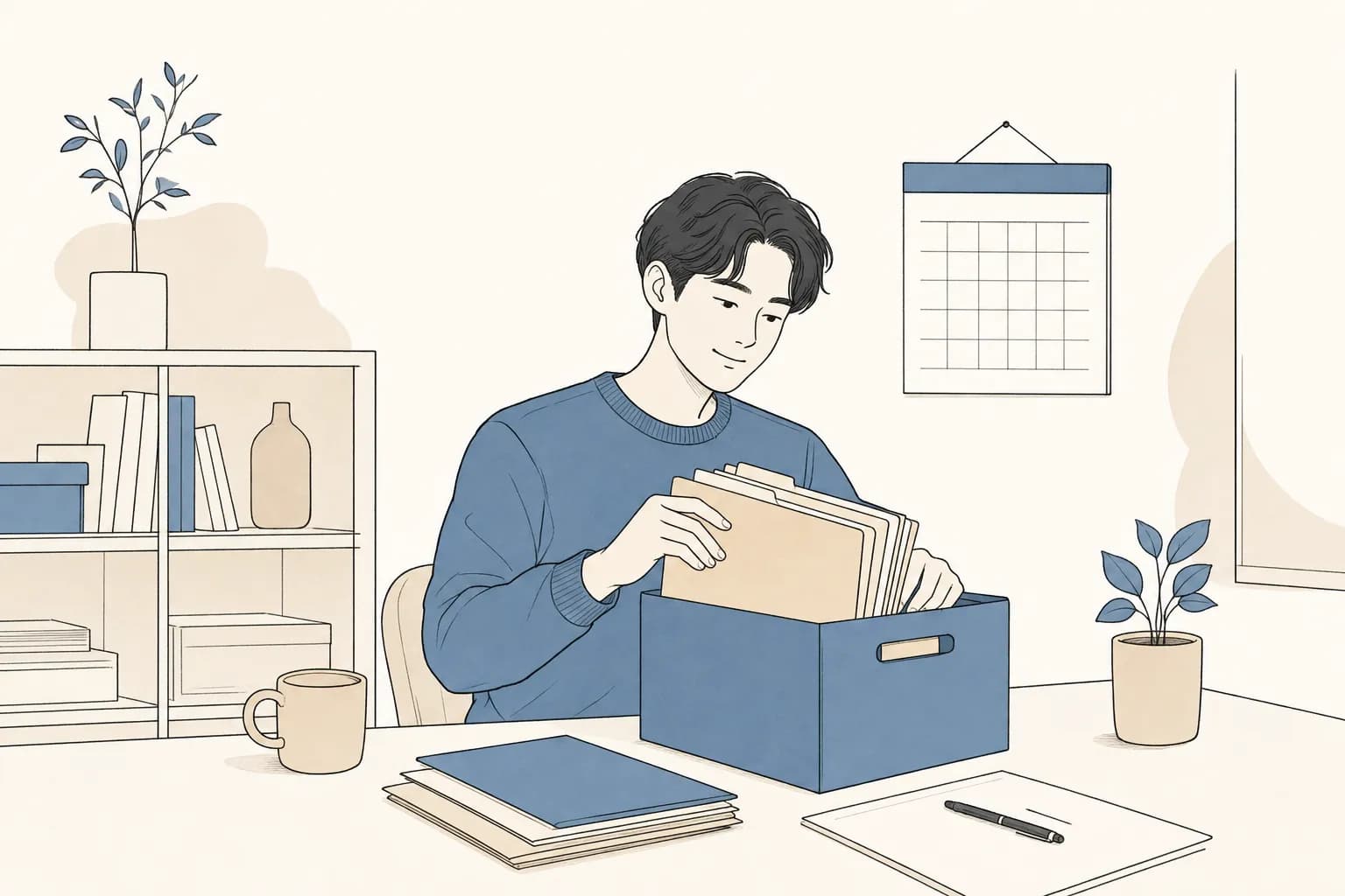 창업자가 여유로운 미소로 서류 폴더를 정돈된 상자에 미리 차곡차곡 정리하고, 뒤로 깔끔한 벽걸이 달력이 보이는 장면