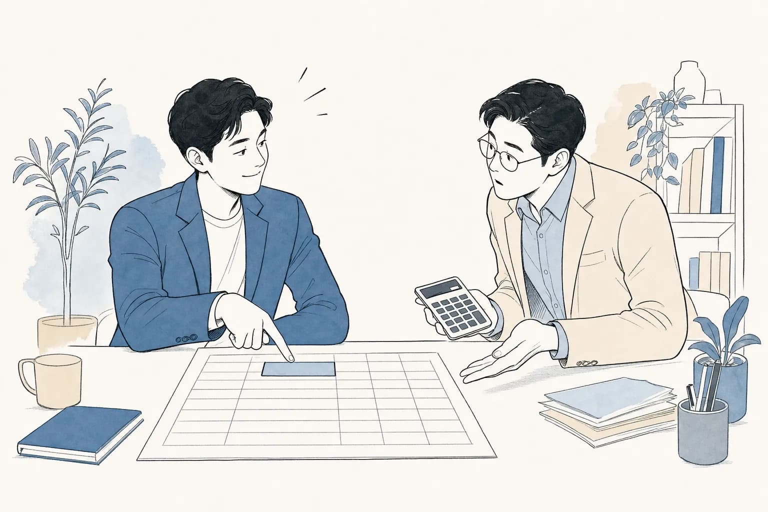 창업자가 예산 시트의 한 항목 칸을 자신 있게 가리키자, 심사위원이 계산기를 들고 눈썹을 치켜올린 채 그 칸 아래 비어 있는 산출 근거 자리를 되짚는 장면