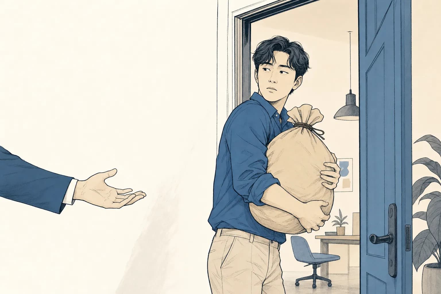 창업자가 큰 돈주머니를 문밖으로 뻗은 손에 건네려다 멈칫하며, 어깨 너머로 미심쩍은 표정으로 돌아보며 주머니를 다시 그러쥐는 장면