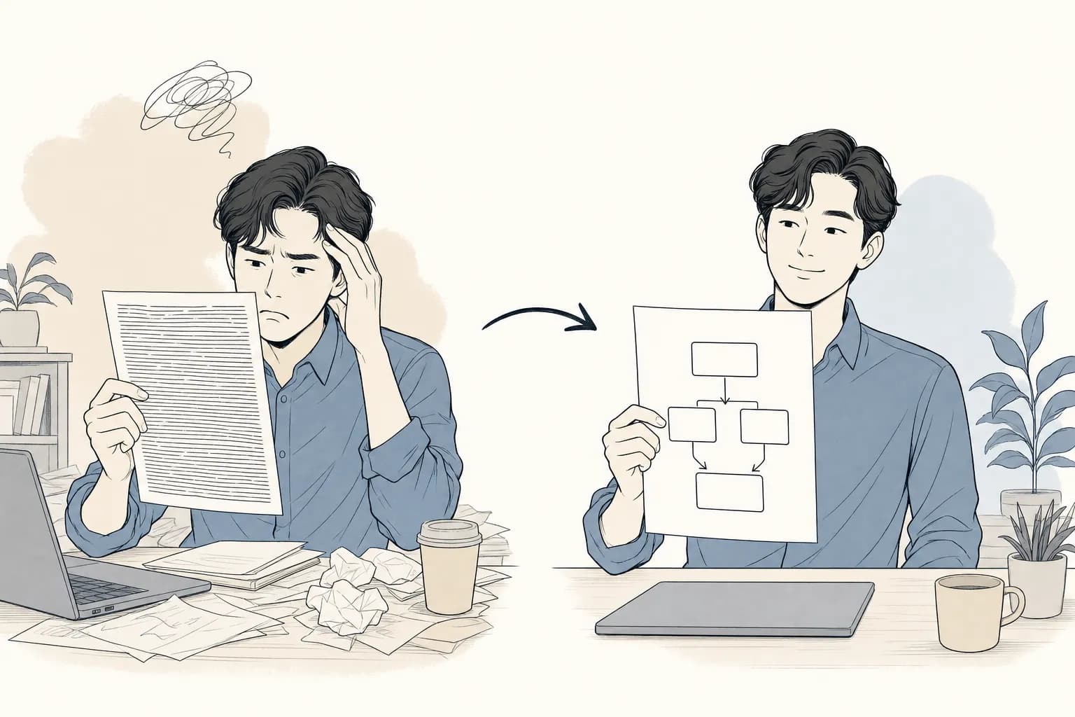 왼쪽에서 창업자가 빽빽한 줄글로 가득 찬 페이지를 들고 답답해하고, 오른쪽에서 같은 페이지가 화살표로 이어진 몇 개의 상자로 된 깔끔한 플로우차트로 바뀌어 한눈에 읽히는 대비 장면
