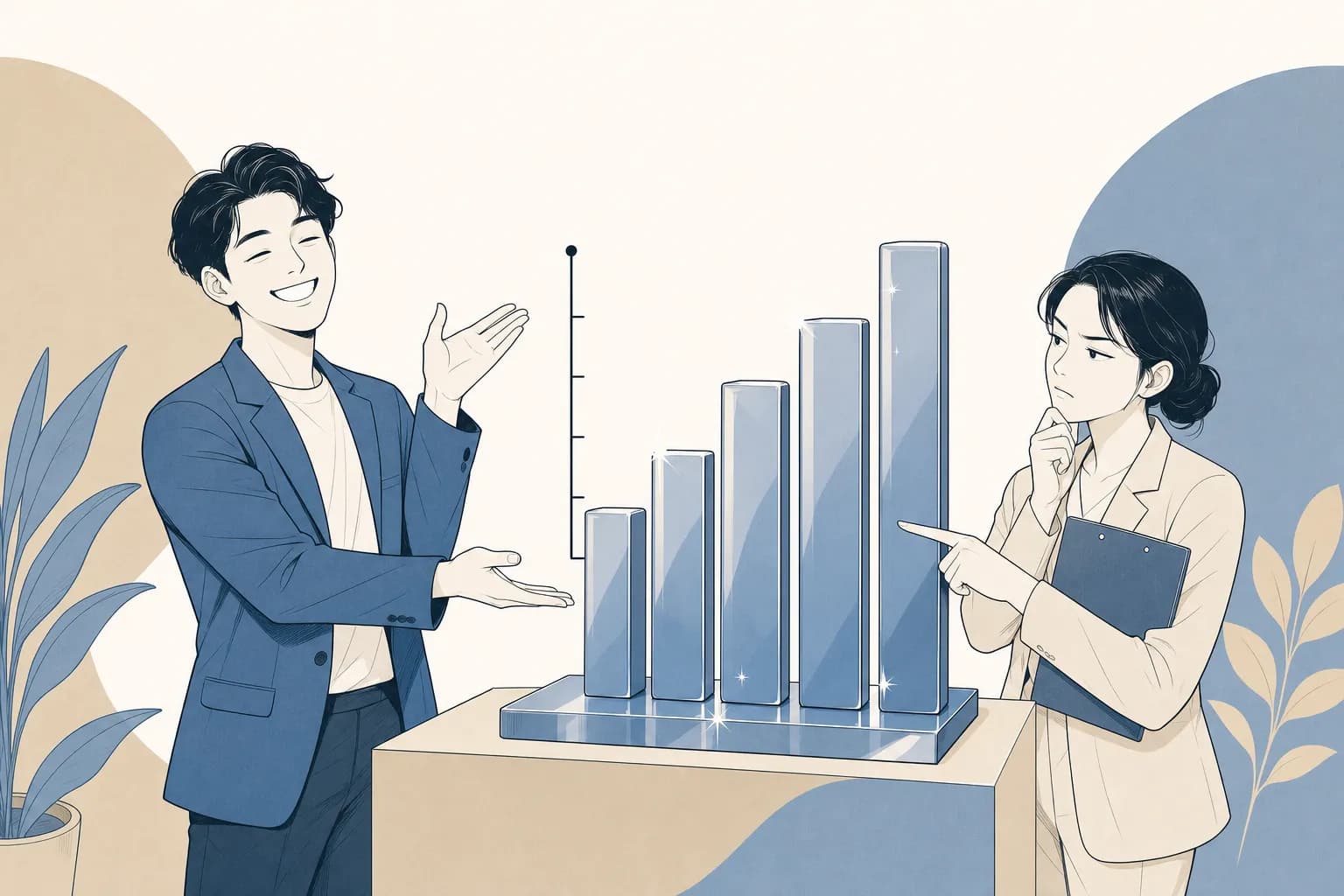 창업자가 번쩍이는 장식으로 뒤덮인 입체 막대그래프를 자랑스럽게 내밀지만, 심사위원이 눈금이 텅 빈 세로축을 미심쩍은 표정으로 가리키는 장면