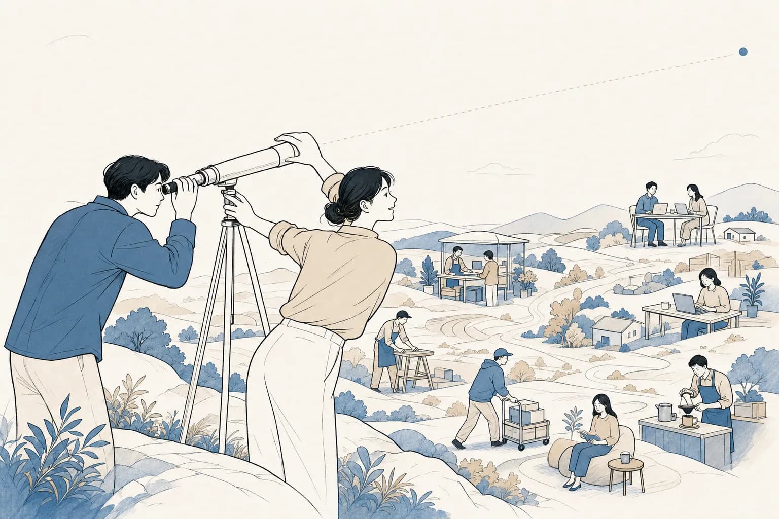 창업자가 좁은 망원경으로 한 점만 겨눠 아무것도 없다고 여기는데, 심사자가 망원경을 내리고 팔을 넓게 휘저어 주변에 널린 경쟁자와 대체 수단을 보여 주는 장면