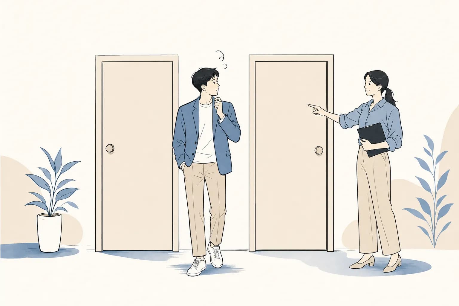 창업자가 거의 똑같이 생긴 두 문 앞에서 어디로 가야 할지 헷갈려 망설이고, 심사자가 옆에서 오른쪽 문을 가리켜 주는 장면