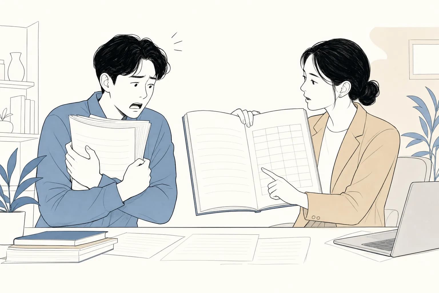 창업자가 다 쓴 두툼한 계획서를 끌어안고 아차 하는 표정을 짓고, 심사자가 책자 맨 뒤에 숨어 있던 배점표를 펼쳐 먼저 봤어야 한다고 짚어 주는 장면