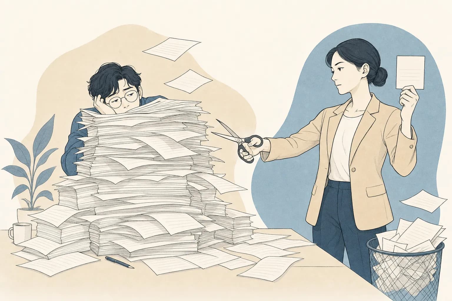 창업자가 잔뜩 쌓인 원고 더미에 파묻혀 지쳐 있고, 심사자가 한 손에 배점표를 든 채 다른 손으로 그 더미를 향해 가위질 시늉을 하며 분량을 줄이라고 이르는 장면