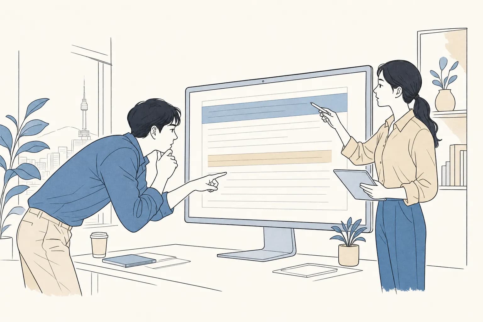 창업자가 큰 화면 속 공고 상세 페이지에서 강조된 한 줄을 손가락으로 짚어 물어보고, 조력자가 화면 위쪽 자격 요건 부분을 먼저 보라고 가리키는 모습