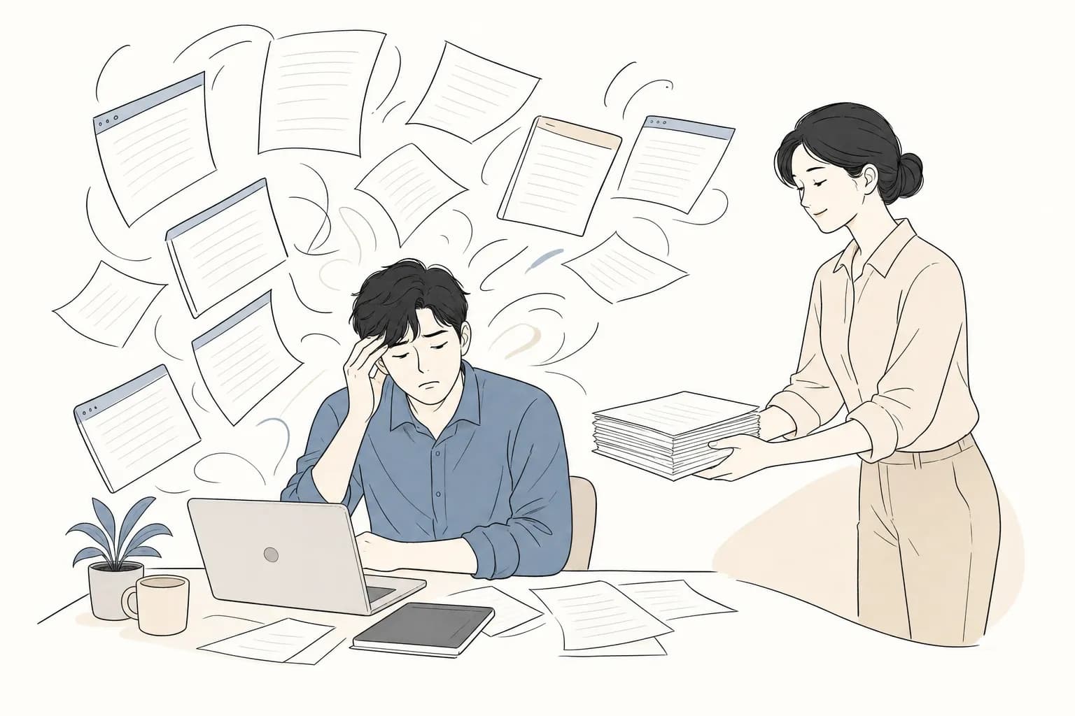 창업자가 사방에서 날아드는 여러 화면과 흩어진 공고 인쇄물에 둘러싸여 지친 듯 관자놀이를 짚고, 옆에서 조력자가 흩어진 종이들을 하나의 목록으로 정리해 건네는 모습
