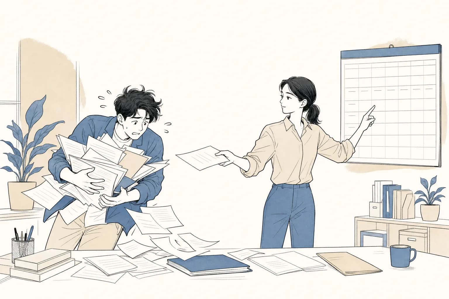 창업자가 흩어진 협약 준비 서류를 서둘러 그러모으다 종이를 흘리고, 심사자가 빠진 서류 한 장을 건네며 벽에 걸린 달력을 가리켜 미리 준비하라고 이르는 모습