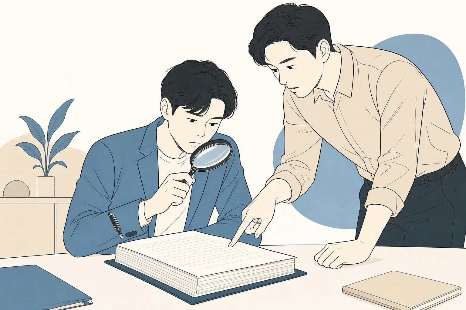 창업자가 두꺼운 협약서를 돋보기로 꼼꼼히 읽으며 서명 펜을 허공에 멈춰 두고, 심사자가 몸을 기울여 중요한 조항을 손가락으로 짚어 주는 모습