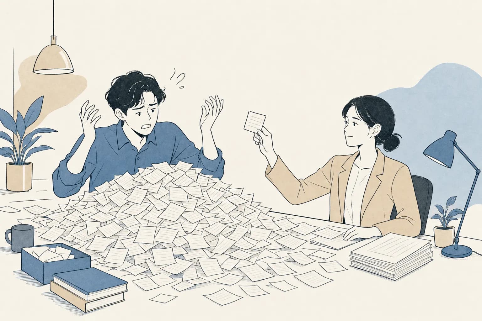 창업자가 책상 가득 어질러진 영수증 더미 앞에서 필요한 증빙을 찾지 못해 당황하고, 심사자가 빠진 증빙 한 장을 들어 정리를 도우려는 모습