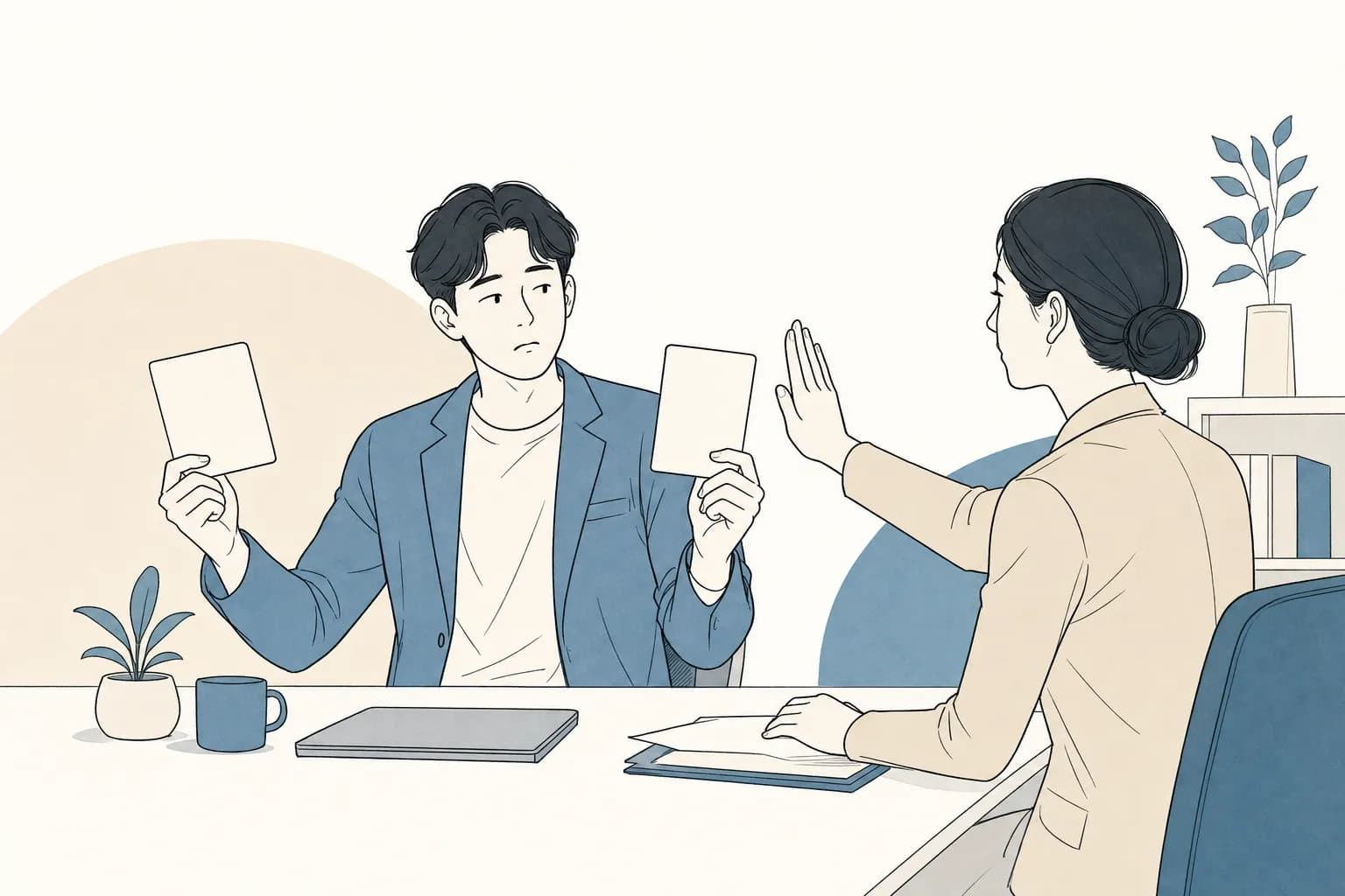 창업자가 아무 표시 없는 카드를 양손에 하나씩 들고 무엇으로 결제할지 헷갈려 하고, 심사자가 한쪽 카드를 손을 들어 막는 모습