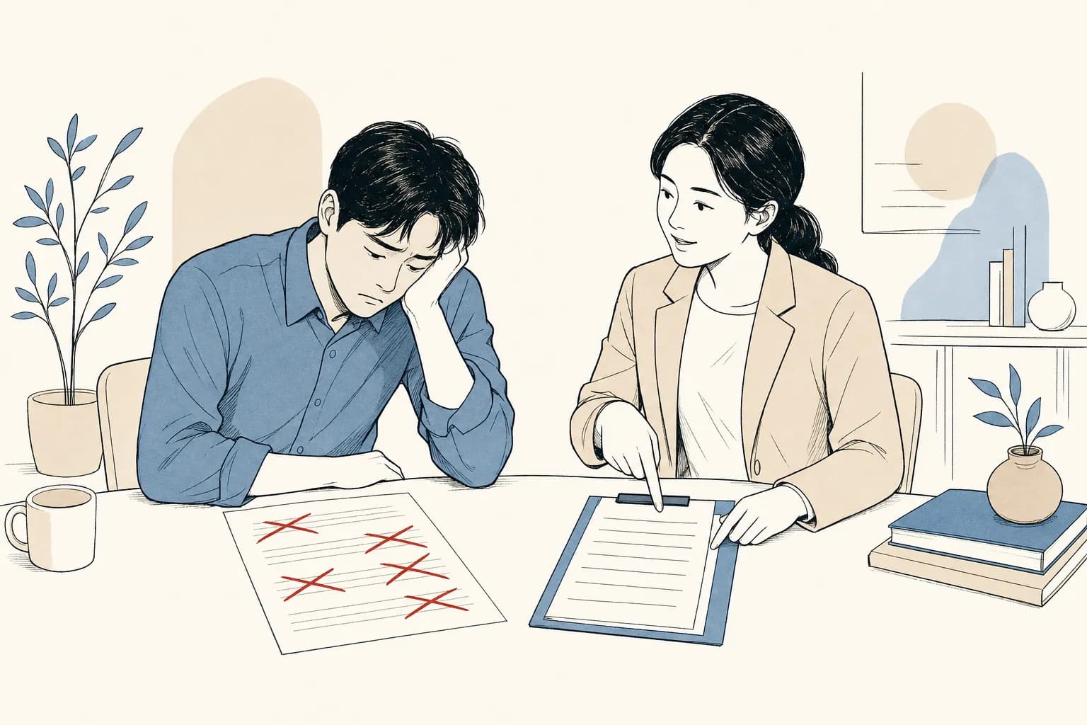 창업자가 여러 줄이 빨간 가위표로 지워진 정산 서류를 보고 책상에 낙담해 앉아 있고, 심사자가 옆에서 별도의 점검 목록을 가리키며 다음을 안내하는 모습