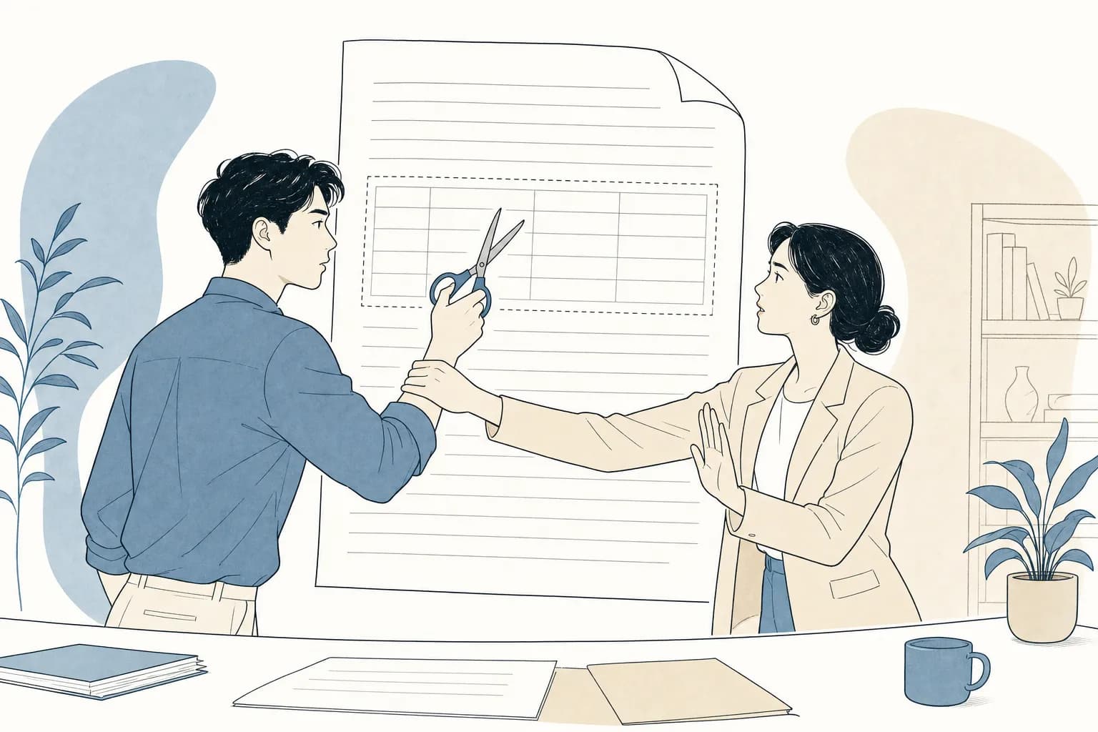 창업자가 지정 양식 안의 표를 가위로 오려내려 하자, 심사자가 손을 뻗어 손목을 붙잡으며 양식을 그대로 두라고 말리는 모습