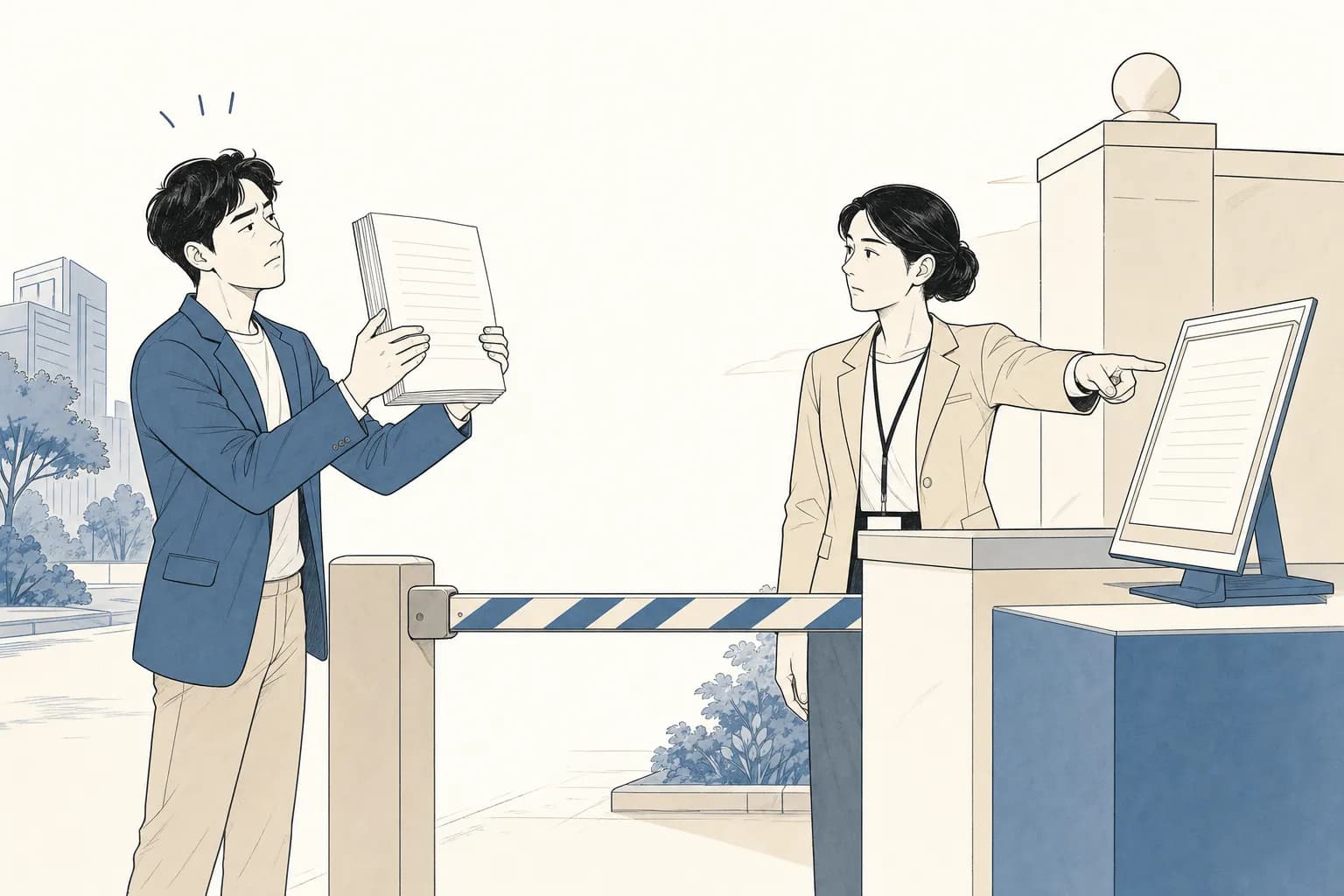 창업자가 정성껏 쓴 두꺼운 사업계획서를 들고 있지만 닫힌 차단문 앞에서 막혀 들어가지 못하고, 심사자가 받침대 위 지정 양식을 가리키는 모습