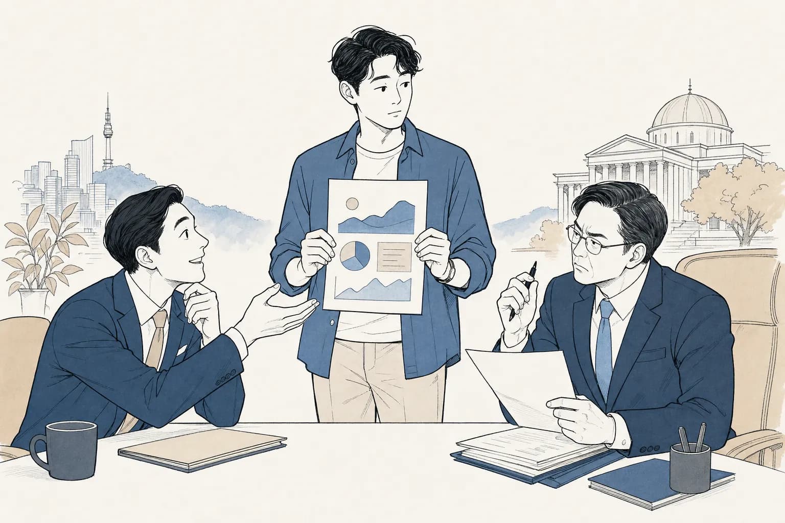 창업자가 같은 문서를 양옆의 서로 다른 두 사람에게 보여주는데, 한쪽은 흥미로워하고 다른 한쪽은 근거를 따지며 갸웃하는 모습