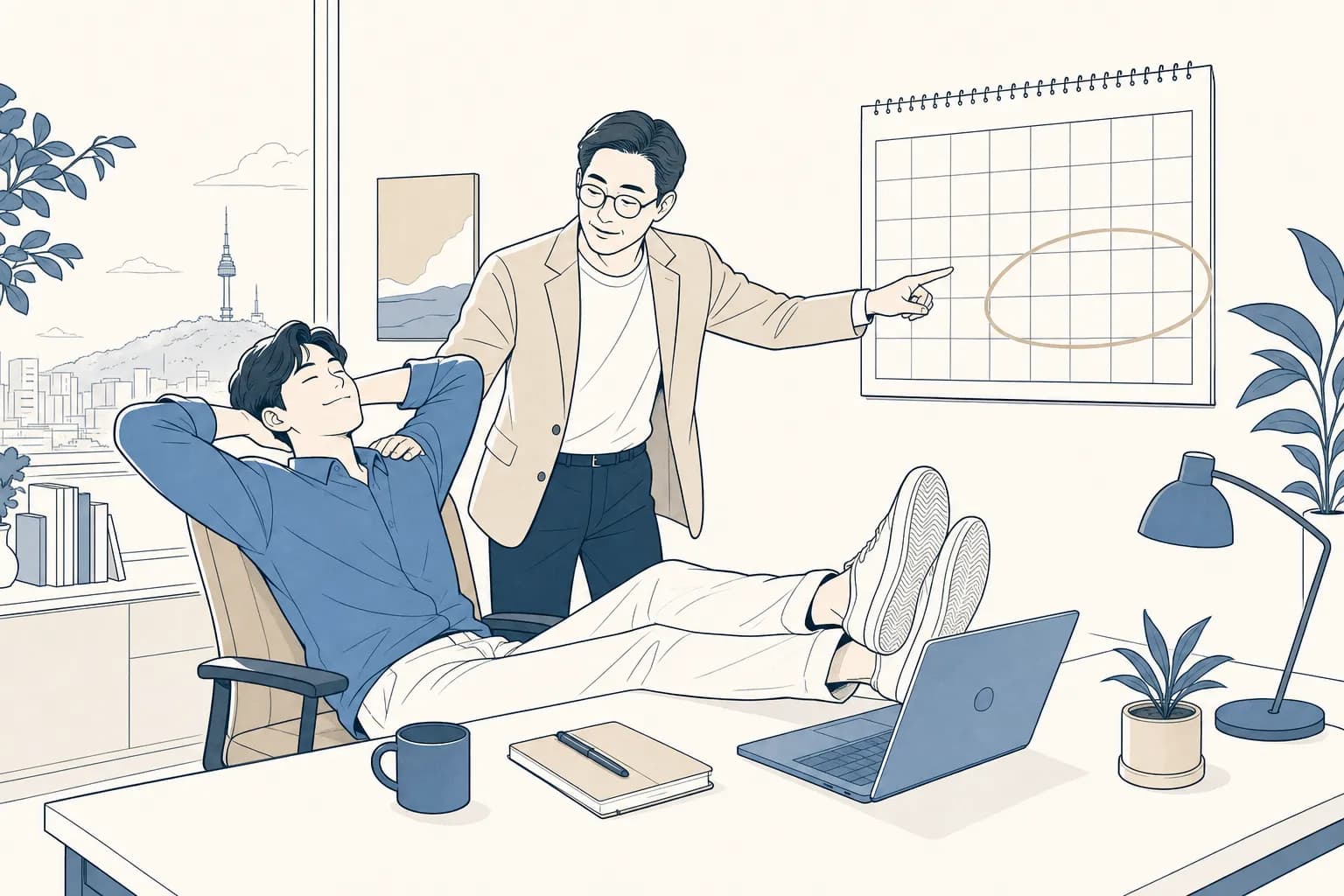 창업자가 사업이 끝났다고 두 발을 책상에 올리고 쉬려는데, 옆의 멘토가 사후관리 기간이 표시된 벽 달력을 가리키며 어깨를 두드리는 모습