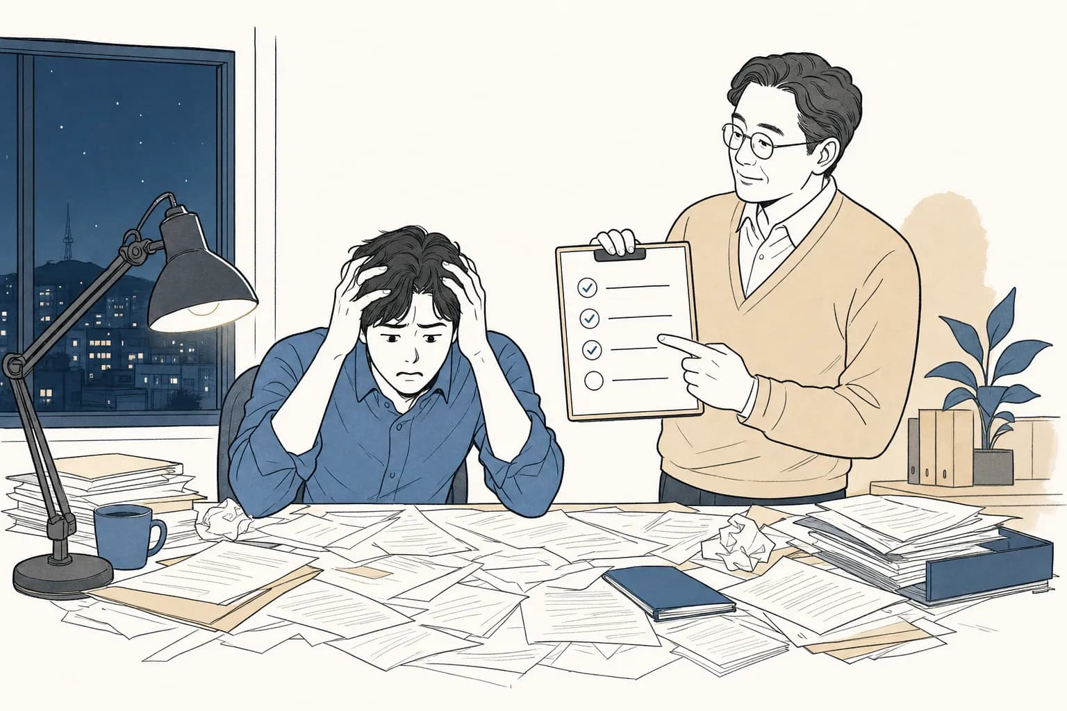 마감 직전 밤늦게 흩어진 서류 앞에서 빠진 증빙 하나에 당황하는 예비창업자를 옆의 멘토가 체크리스트 보드를 들어 가리키며 돕는 장면