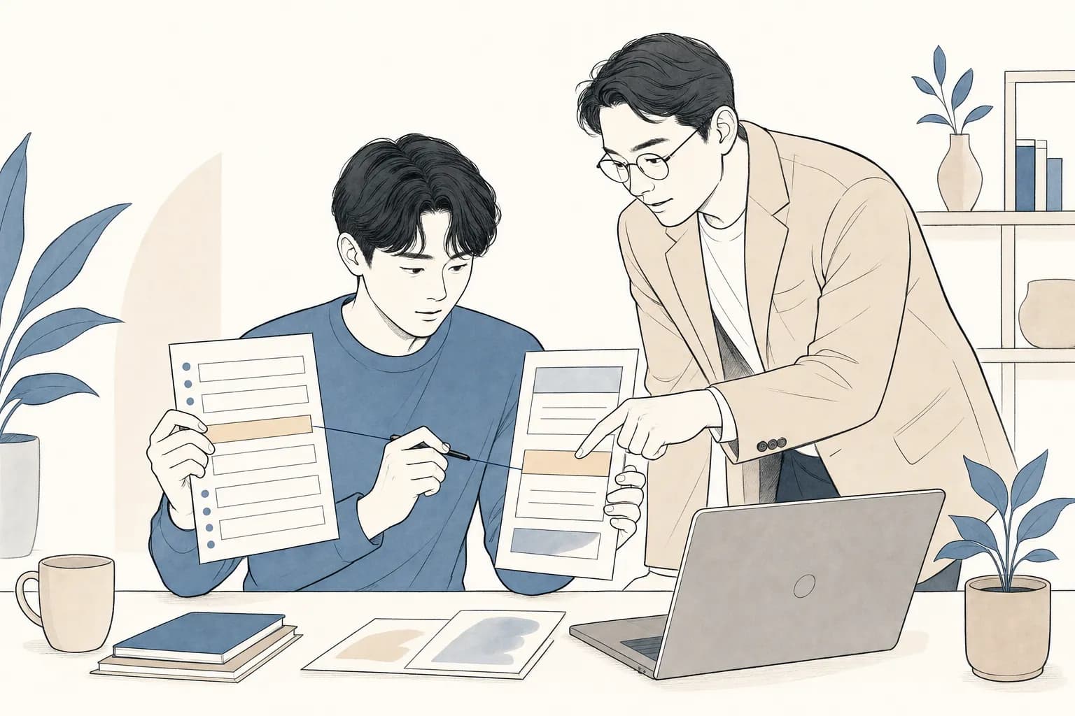 한 손에 배점표를, 다른 손에 사업계획서를 들고 두 문서의 항목을 선으로 연결해 대응시키는 예비창업자를 옆의 멘토가 맞물리는 항목을 가리키며 돕는 장면