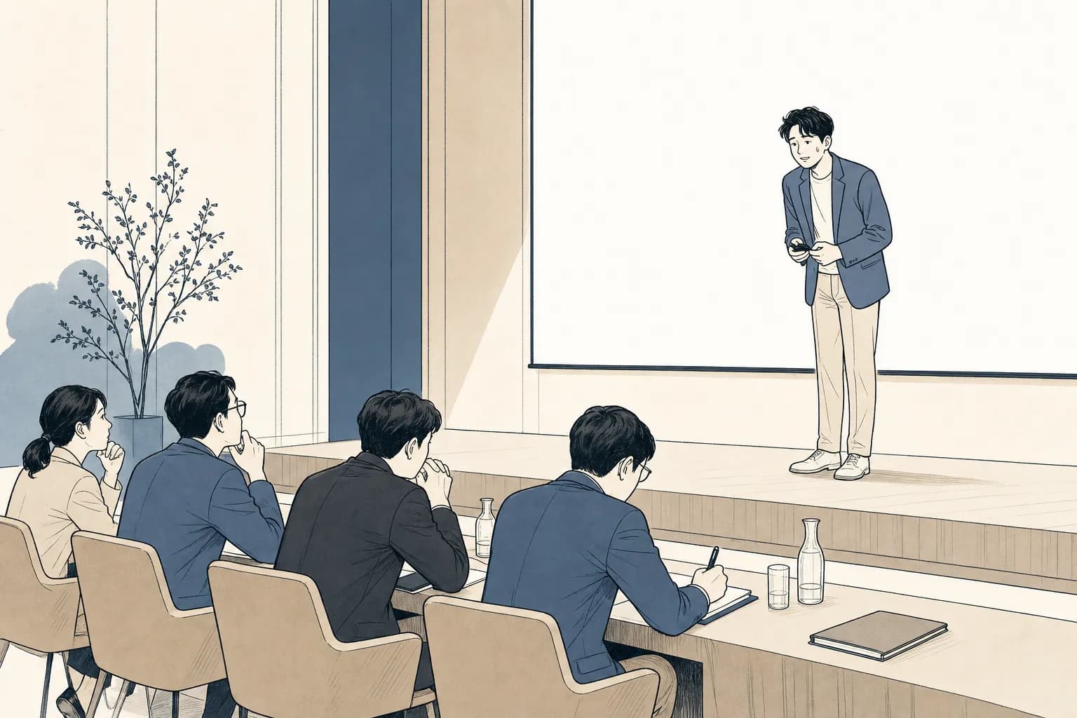 작은 무대에서 긴 테이블에 앉은 심사위원들 앞에 서서 클리커를 쥔 채 긴장한 창업자, 뒤에는 빈 프로젝터 화면이 켜져 있는 장면