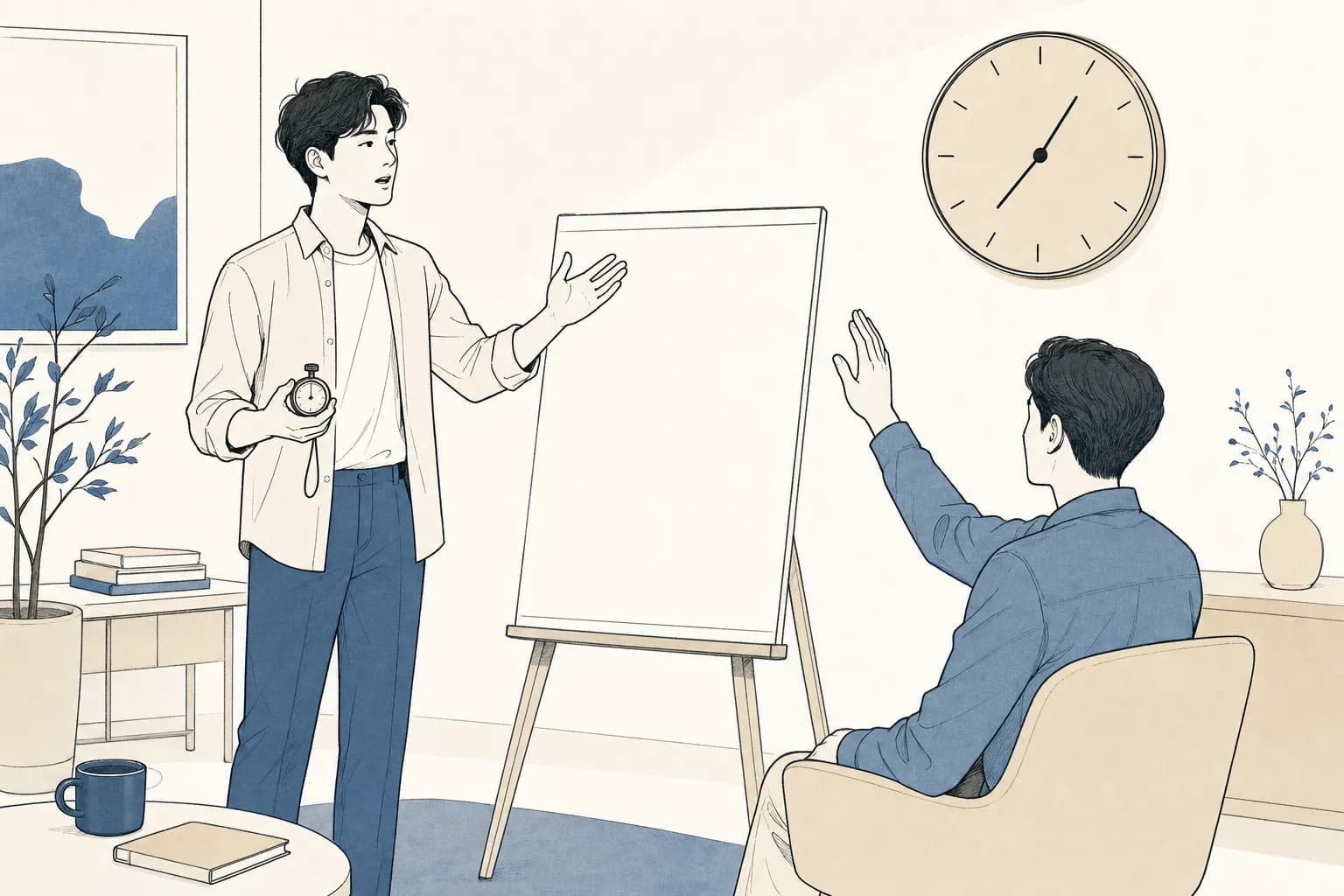 빈 이젤 보드 앞에서 스톱워치를 들고 혼자 소리 내어 발표를 연습하는 창업자, 옆에는 모의 청중 한 사람이 손을 들고 질문하는 장면
