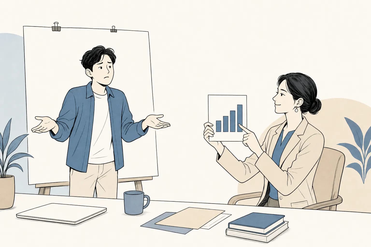 창업자가 텅 빈 보드 앞에서 막연히 빈손으로 어깨를 으쓱하는 옆에서, 심사위원은 분명한 막대그래프 카드 한 장을 근거로 자신 있게 들어 보이는 장면