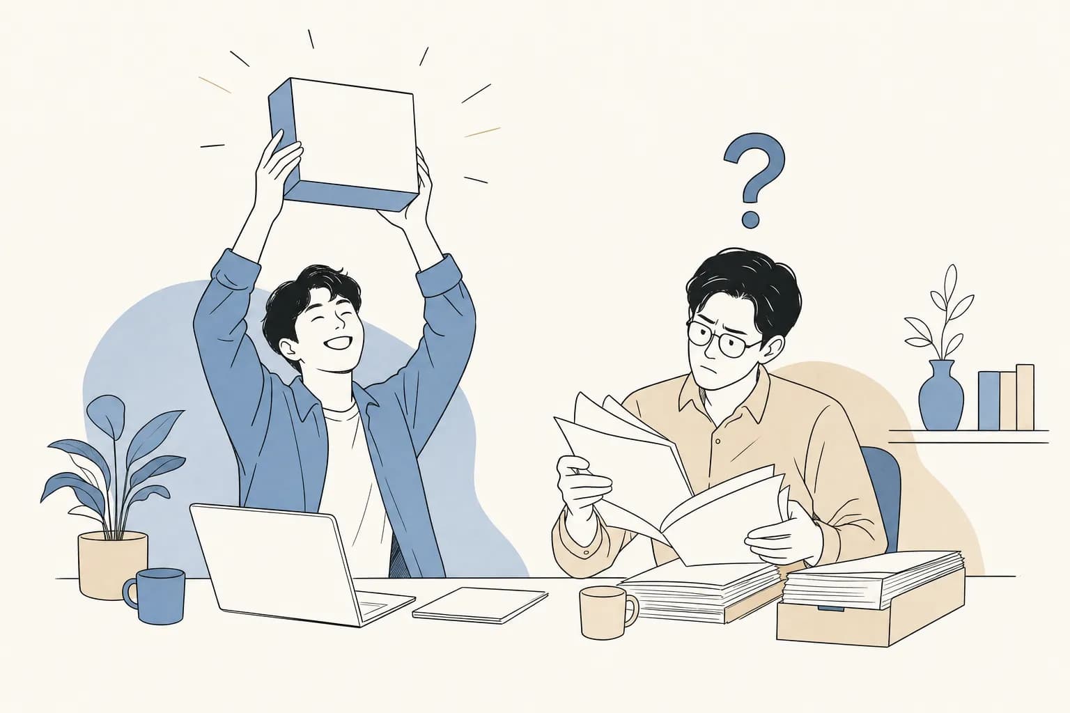 창업자가 제품 상자부터 자랑스럽게 내미는데, 옆의 심사위원은 어떤 문제를 푸는지 몰라 머리 위에 물음표를 띄운 채 빈 종이를 뒤적이며 갸웃하는 장면