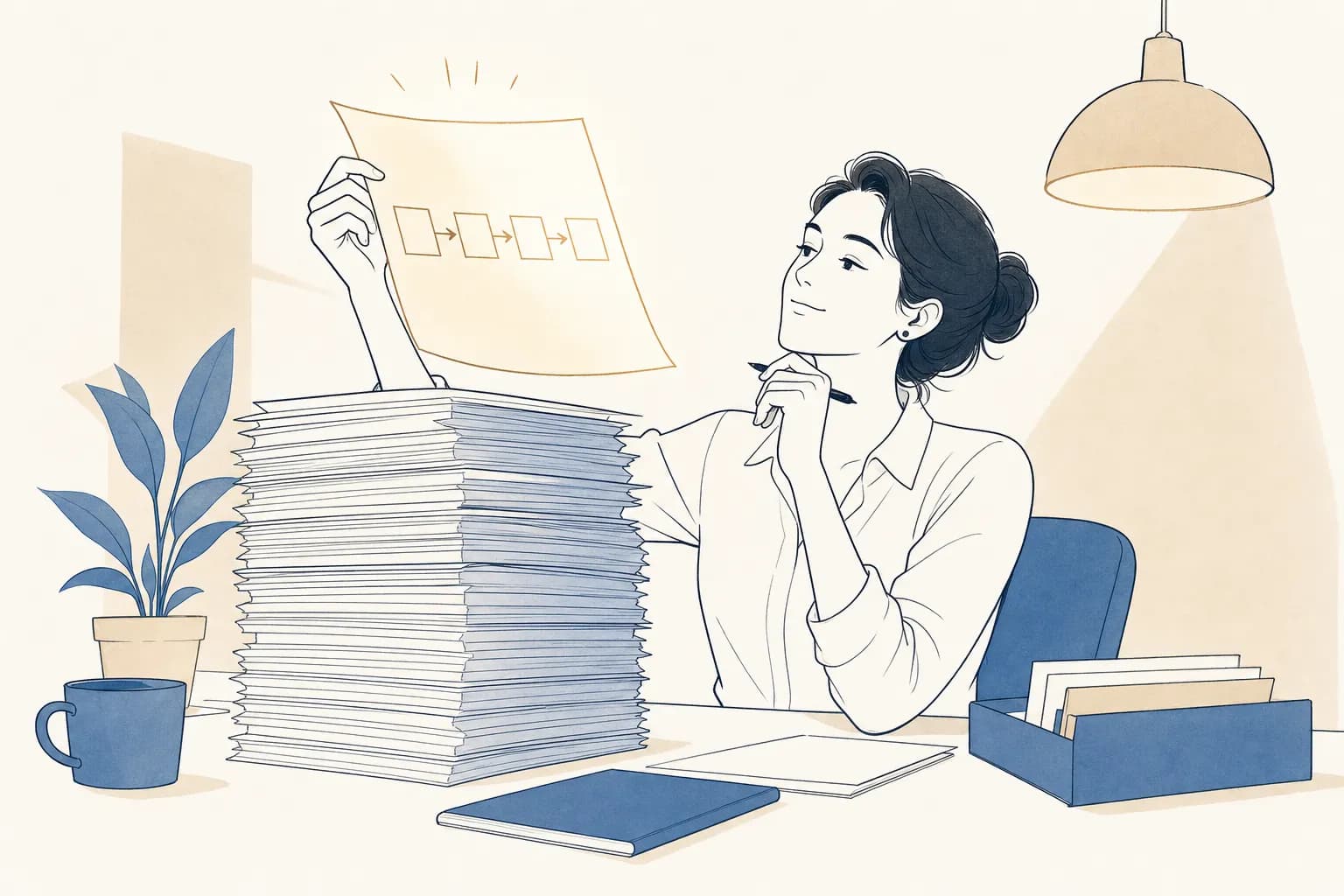 쌓인 계획서 더미 속에서 네 개의 상자가 화살표로 이어진 한 부를 집어 들고 흐뭇하게 고개를 끄덕이는 심사위원 일러스트