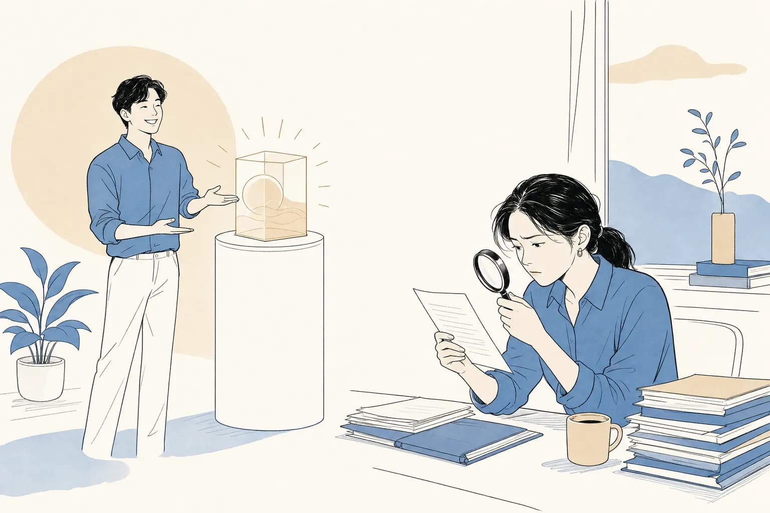 창업가가 좌대 위 제품을 자랑스럽게 가리키는 동안, 맞은편 심사위원이 서류를 돋보기로 들여다보며 제품 너머의 문제를 찾는 표정을 짓는 일러스트