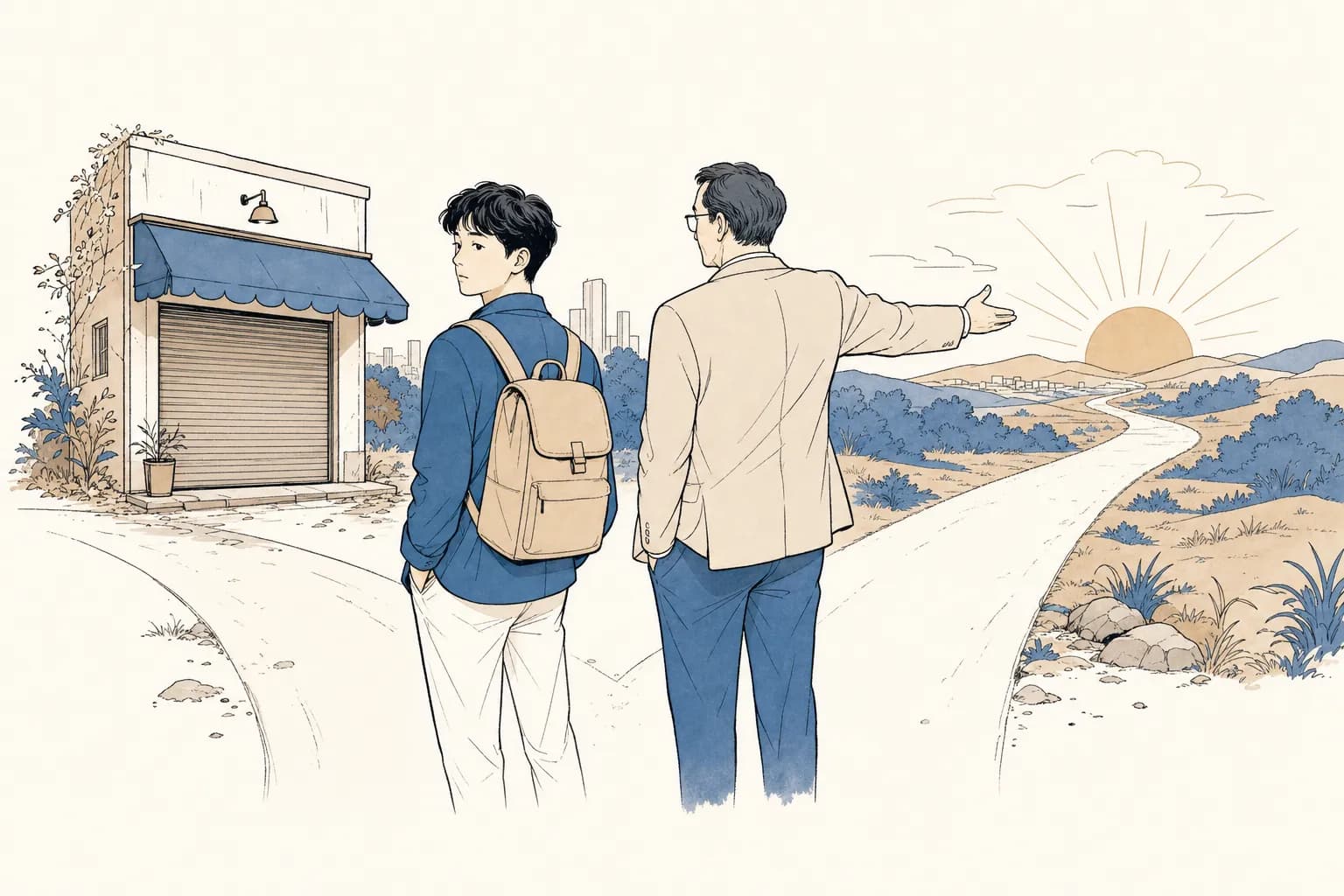 갈림길에서 셔터 내린 폐업한 가게를 어깨너머로 돌아보며 망설이는 창업자를 옆의 멘토가 떠오르는 해를 가리키며 앞으로 이끄는 장면