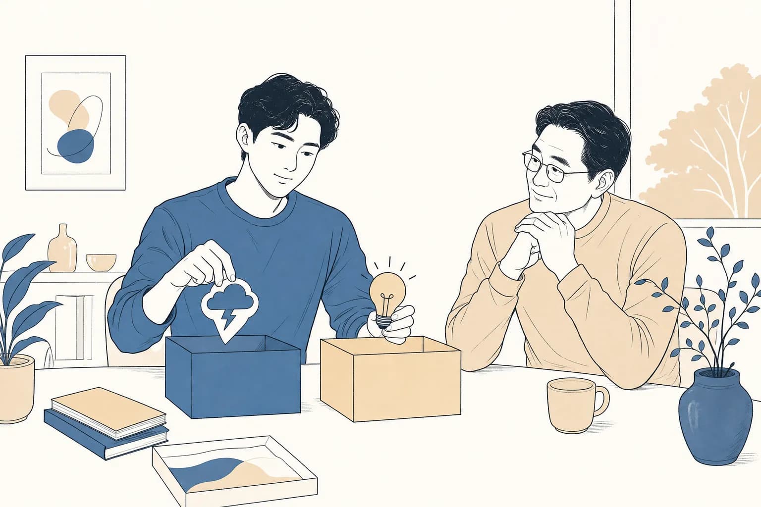 창업자가 통제 밖 요인을 뜻하는 먹구름과 자기 판단을 뜻하는 전구를 두 개의 빈 상자에 차분히 나눠 담고, 옆의 멘토가 끄덕이며 지지하는 장면