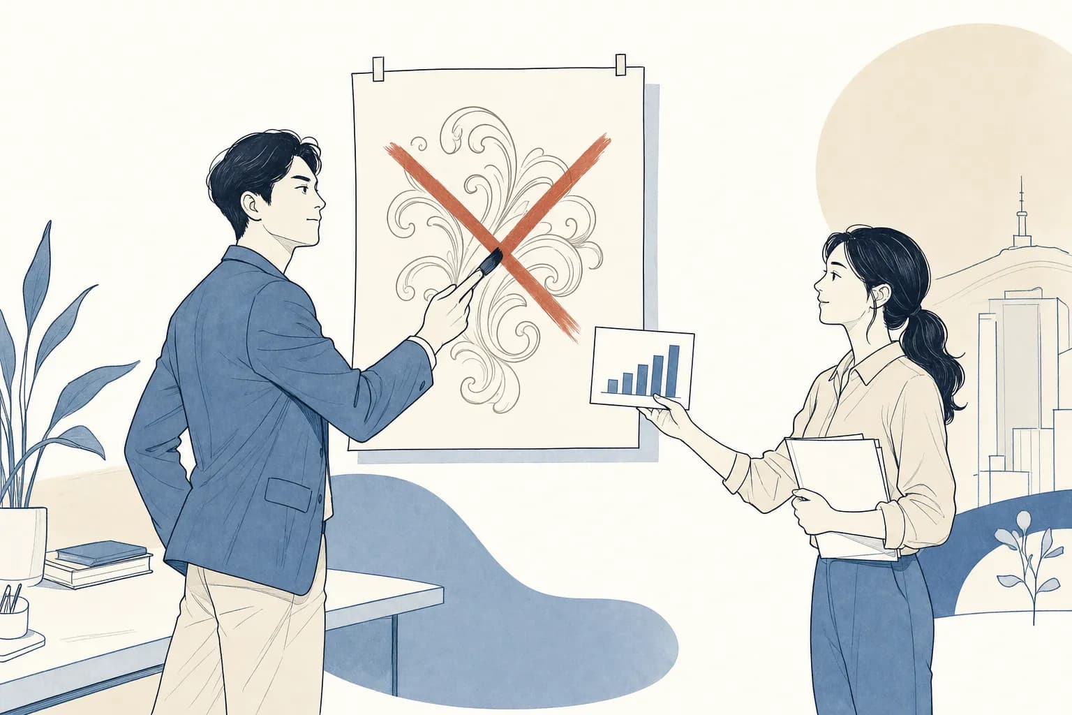 창업자가 포스터의 공허한 장식용 소용돌이 무늬 — 빈 수식어를 상징 — 에 빨간 가위표를 치고, 옆의 심사위원이 그 자리를 대신할 막대그래프 카드를 건네는 장면
