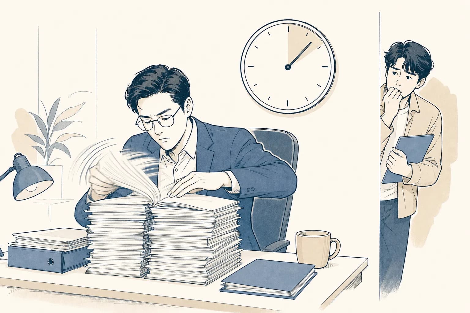 심사위원이 큰 벽시계 아래에서 산더미 같은 계획서 뭉치를 빠르게 넘겨 읽고, 옆에서 창업자가 걱정스럽게 지켜보는 장면