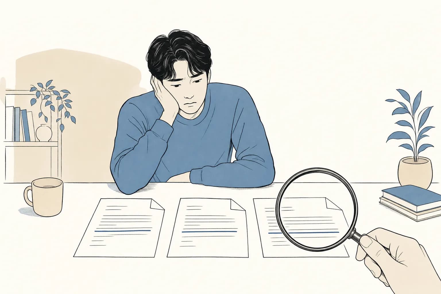 책상 위에 나란히 놓인 거의 똑같은 탈락 통지서 세 장을 낙담한 표정으로 바라보는 창업가와, 돋보기 아래 세 장 모두에서 똑같이 밑줄 그어진 한 문장이 드러나는 일러스트