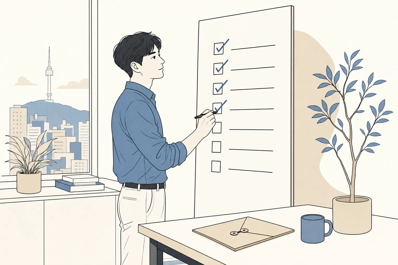 일곱 칸짜리 체크리스트 보드 앞에서 창업가가 펜으로 항목을 하나씩 체크하고, 옆 책상에 봉인된 서류 봉투가 놓여 있는 일러스트