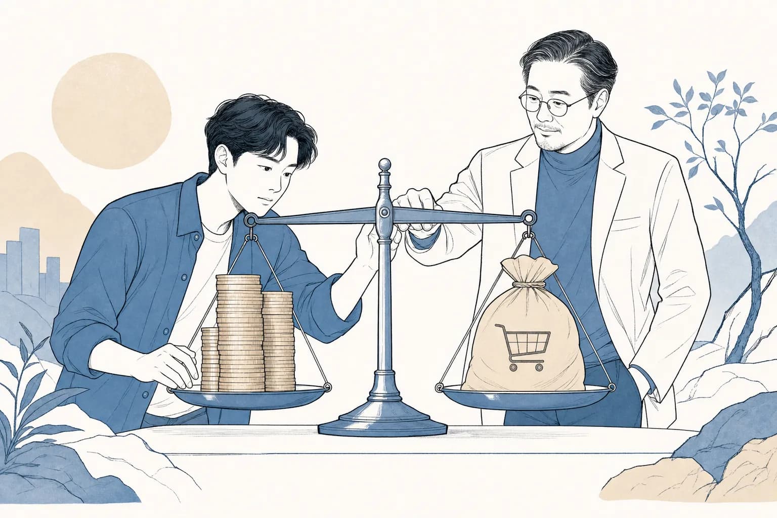 창업자가 한쪽에 동전 더미를, 다른 쪽에 비용을 뜻하는 장바구니 표시가 붙은 짐을 올린 큰 저울의 균형을 맞추고 옆의 멘토가 저울대를 붙잡아 주는 장면