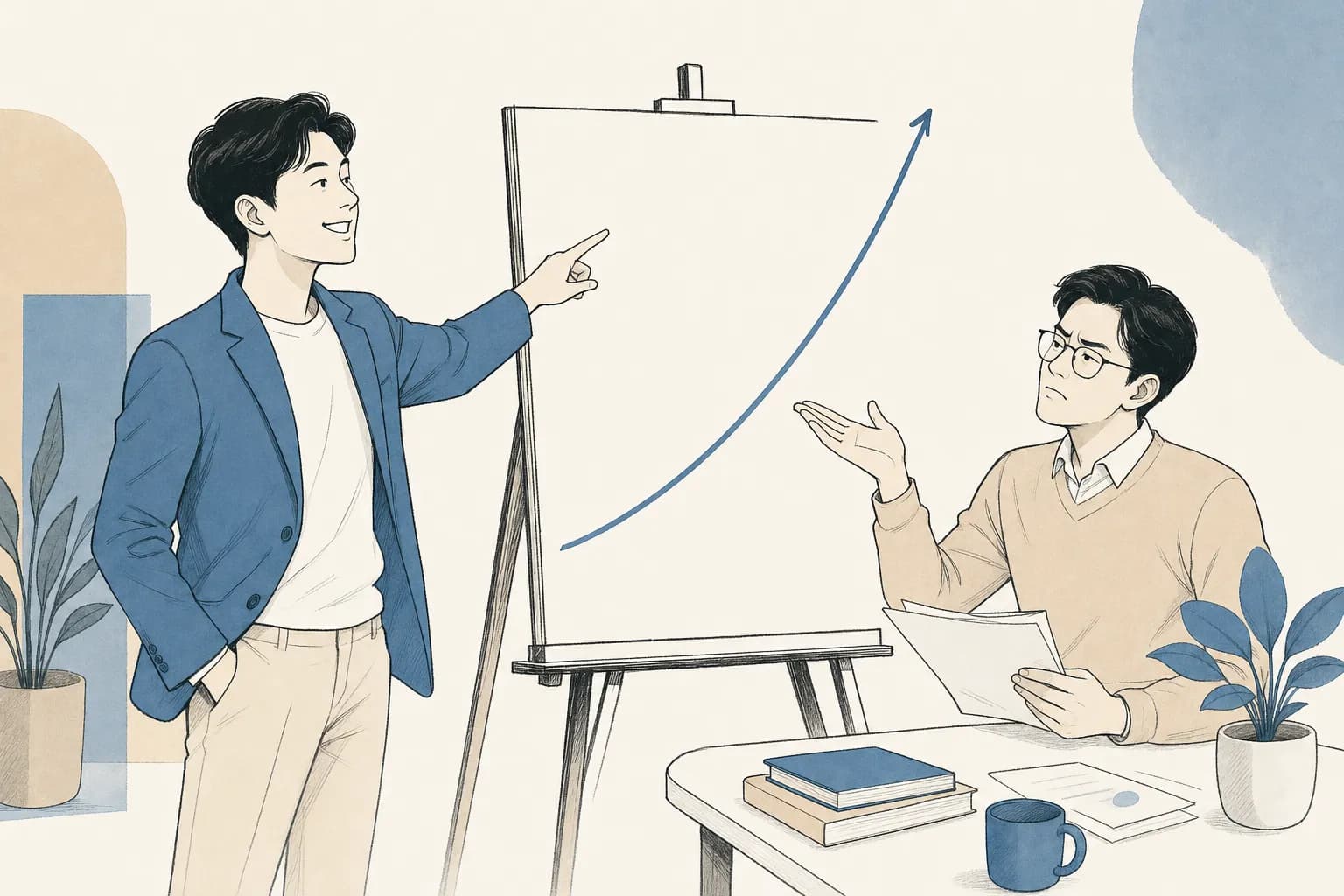 창업자가 위로 가파르게 치솟는 곡선 그래프를 자랑스럽게 가리키자, 옆의 심사위원이 곡선 아래 빈 공간을 짚으며 근거를 묻듯 손을 드는 장면