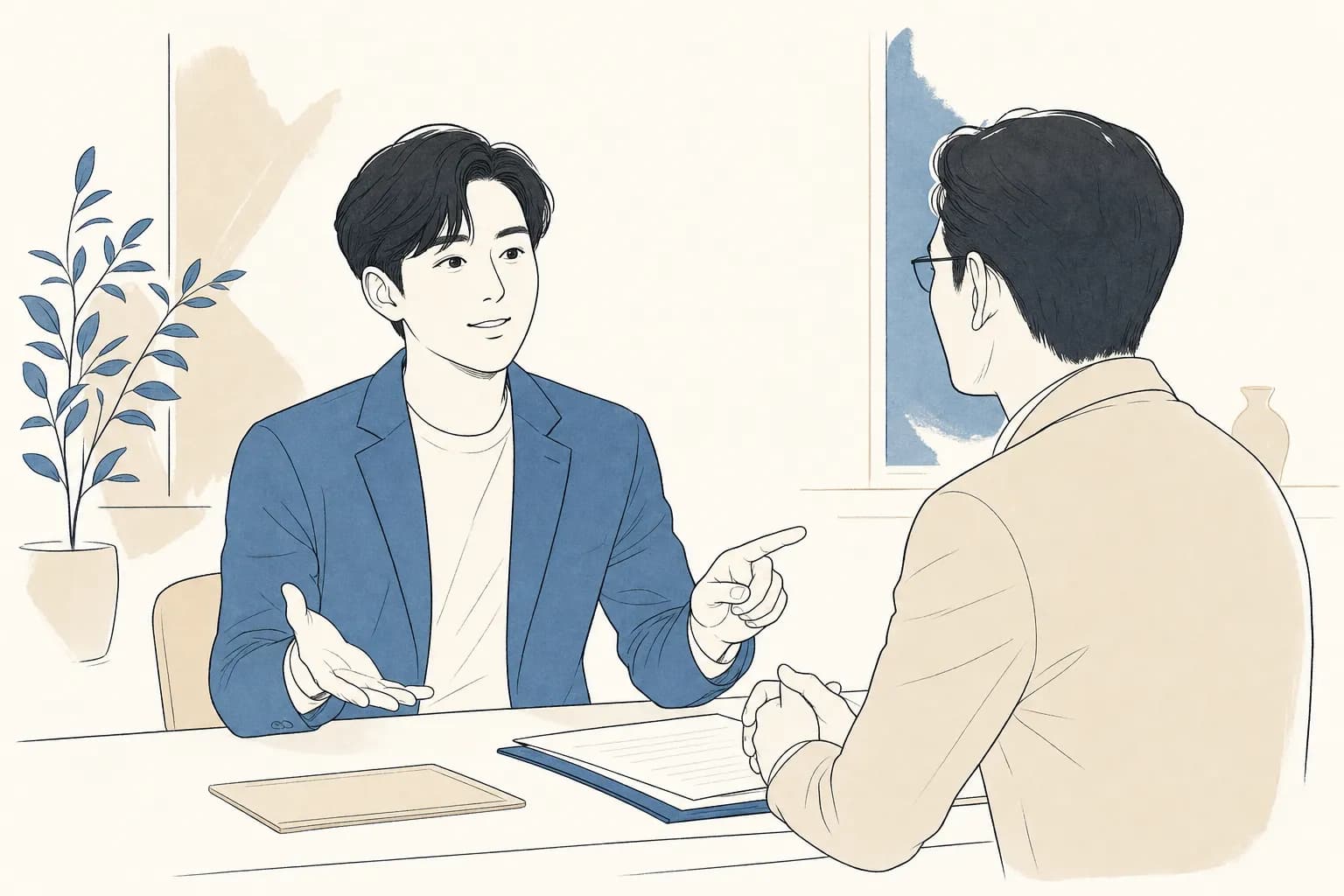 창업자가 심사위원을 마주하고 두 손바닥을 펴 모른다는 것을 솔직히 인정하면서도 앞을 가리키며 보완 방향을 제시하는 차분한 장면