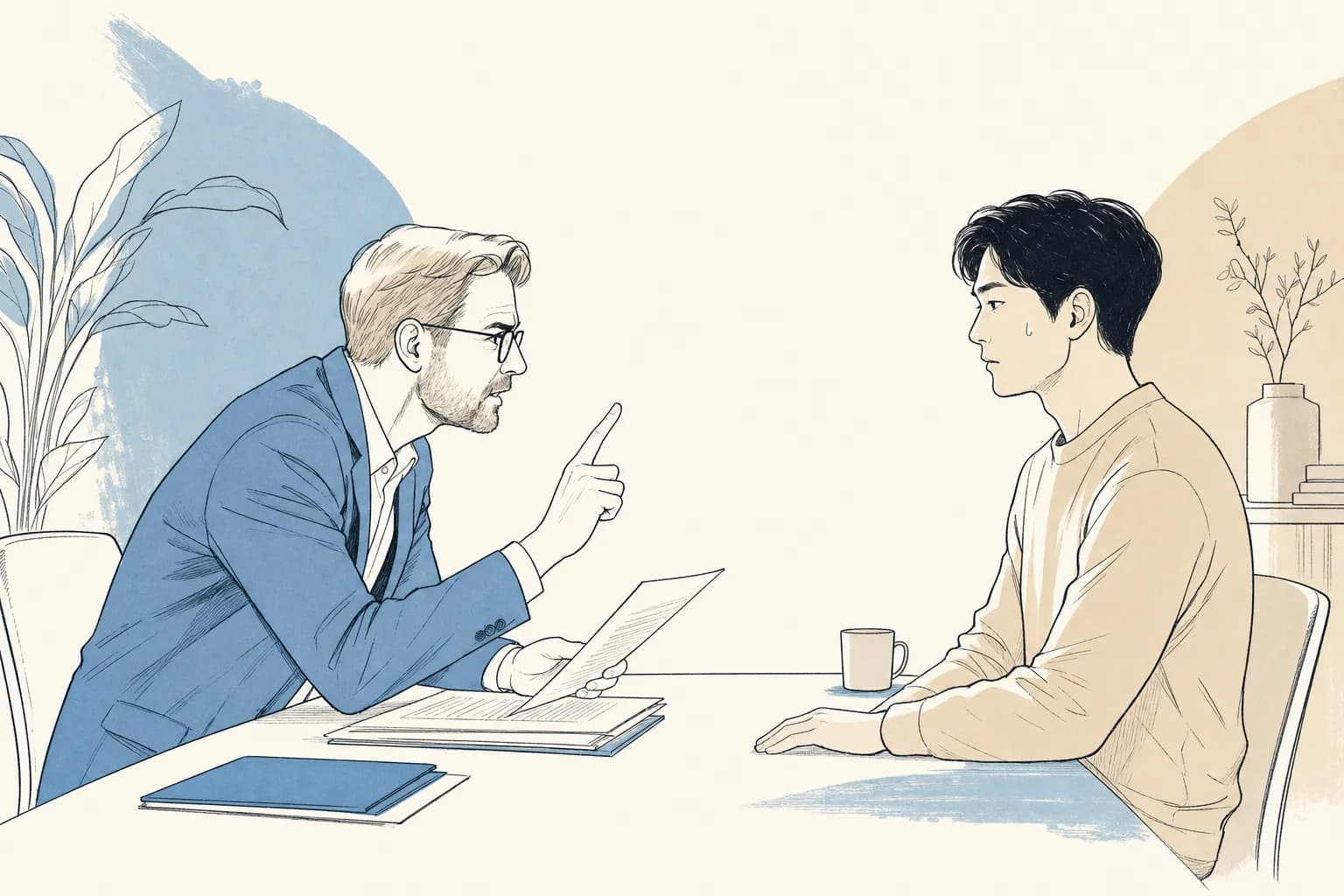 테이블 건너편 심사위원이 손가락을 세우며 날카롭게 질문하고, 마주 앉은 창업자가 식은땀을 흘리면서도 침착하게 답을 고르는 장면