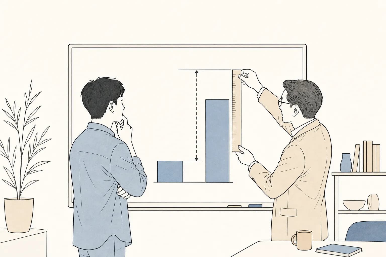 창업자가 현재 기술 수준과 목표 수준 사이에 남은 간격을 화이트보드 앞에서 가리키며 고민하는 장면