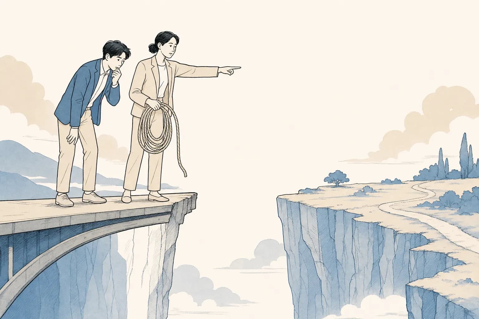 창업자가 지원금이 끝나는 지점 너머의 낭떠러지를 내려다보며 그다음을 걱정하는 장면