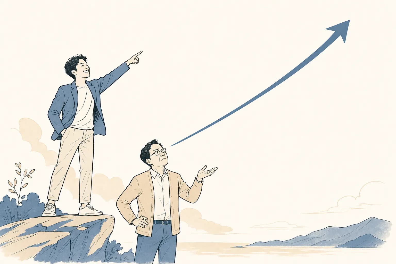 창업자가 가파르게 치솟는 성장 화살표를 자랑하지만 그 아래 빈 공간을 가리키며 근거를 되묻는 조력자가 곁에 있는 장면