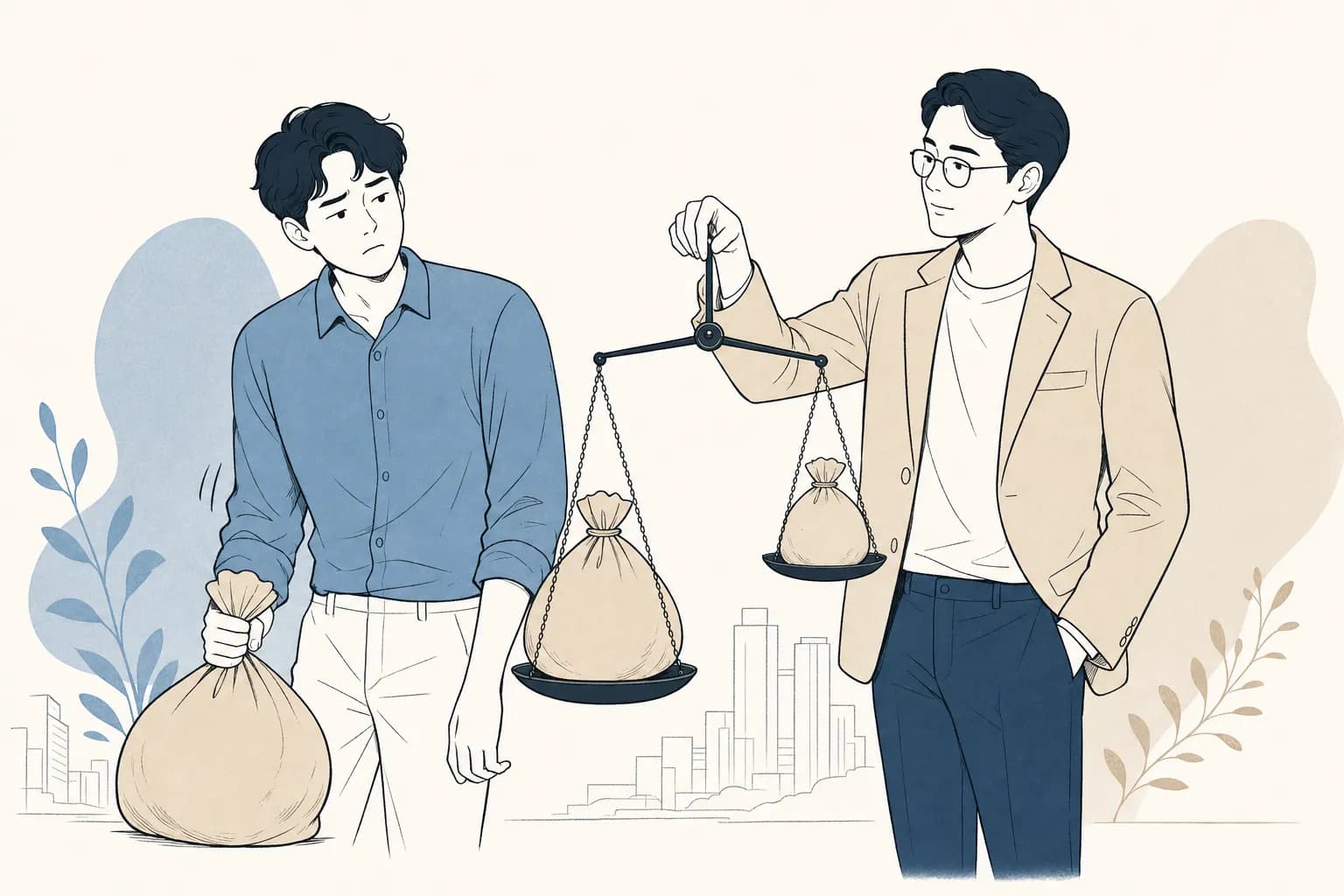 창업자가 갚아야 하는 돈의 무게를 손에 들고 상환 부담을 감당할 수 있을지 저울질하는 장면