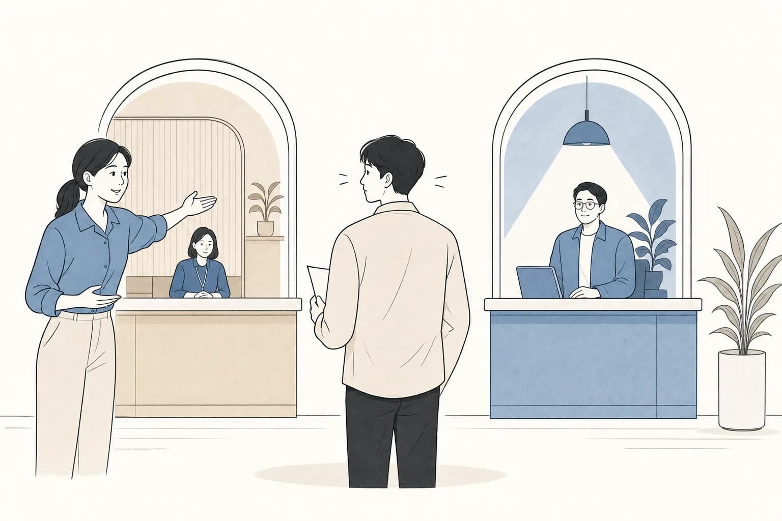창업자가 서로 다른 두 지원 창구 사이에서 어디로 가야 할지 몰라 두리번거리는 장면