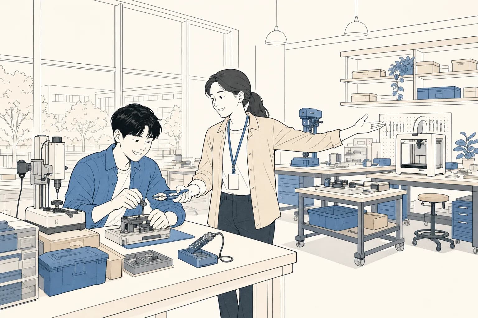 창업자가 대학 작업실에서 담당자의 안내를 받아 공용 장비를 함께 쓰며 사업을 준비하는 장면