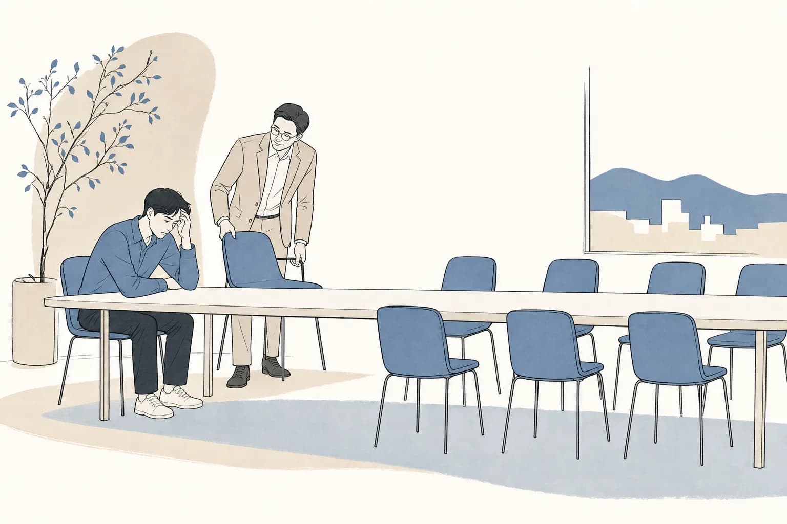 1인 창업자가 빈 의자로 둘러싸인 큰 테이블에 홀로 앉아 막막해하고, 곁의 조력자가 빈자리를 채워주려 의자를 빼 주는 장면