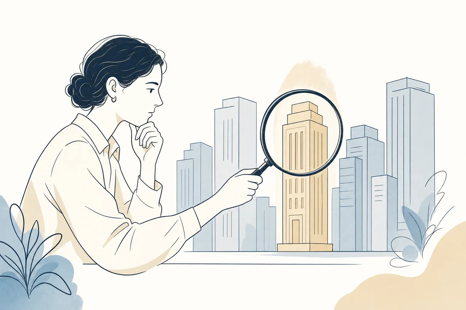 돋보기로 높낮이가 다른 여러 건물 실루엣을 훑어보다, 앞으로 살짝 나온 하나를 맞는 운영사로 짚어 내는 사람의 장면